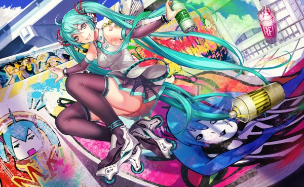Anime picture 1200x739 with vocaloid hatsune miku infukun single looking at viewer light erotic wide image twintails yellow eyes bent knee (knees) very long hair aqua hair midair graffiti girl thighhighs skirt detached sleeves miniskirt necktie