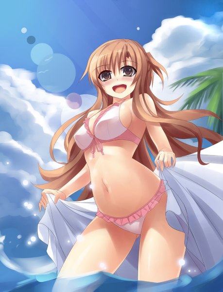 Anime picture 1024x1339 with sword art online a-1 pictures yuuki asuna vin single long hair tall image blush breasts open mouth light erotic brown hair brown eyes cloud (clouds) girl navel swimsuit bikini white bikini