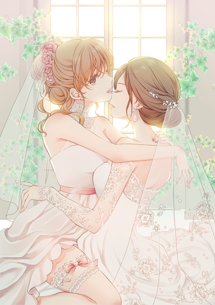 Anime picture 2000x2833 with original sheepd tall image highres light erotic brown hair bare shoulders multiple girls indoors eyes closed shoujo ai face to face girl dress 2 girls plant (plants) earrings window white dress garter (garters)