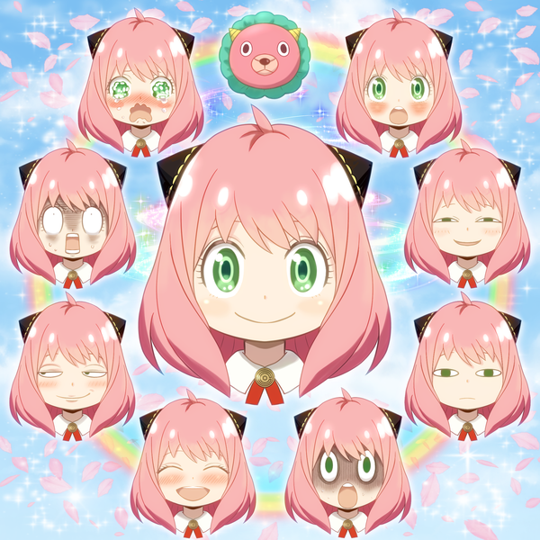 Anime picture 2048x2048 with spy x family anya (spy x family) director chimera (spy x family) asukamama89 single looking at viewer blush highres short hair open mouth smile green eyes pink hair ahoge eyes closed sparkle face multiview ^ ^ ^o^