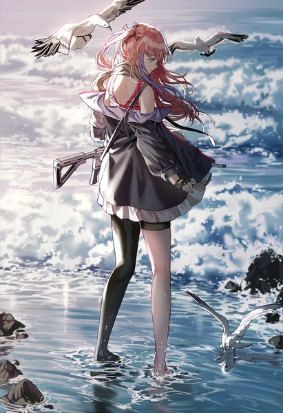 Anime picture 600x875 with girls frontline st ar-15 (girls frontline) silence girl single long hair tall image fringe blue eyes brown hair standing bare shoulders full body outdoors long sleeves profile multicolored hair wind from behind blurry off shoulder