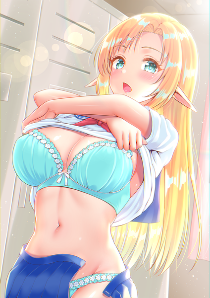 Anime picture 1100x1556 with original ayase-mio single long hair tall image looking at viewer blush fringe breasts open mouth light erotic blonde hair large breasts standing payot cleavage indoors pleated skirt aqua eyes pointy ears