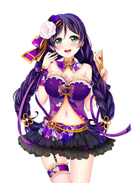 Anime picture 606x800 with love live! school idol project sunrise (studio) love live! toujou nozomi grandia bing single long hair tall image blush open mouth light erotic simple background smile white background green eyes purple hair braid (braids) twin braids girl navel