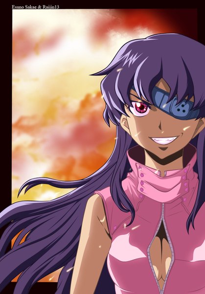 Anime picture 1024x1467 with mirai nikki uryuu minene raijin13 single long hair tall image smile sky purple hair cloud (clouds) pink eyes grin coloring girl eyepatch