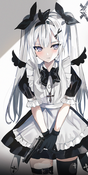 Anime picture 875x1729 with original beckzawachi single long hair tall image looking at viewer blush standing twintails purple eyes holding payot silver hair maid fang (fangs) puffy sleeves logo tsurime girl gloves