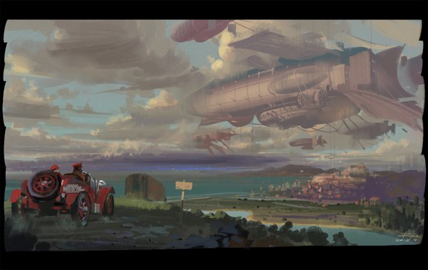 Anime picture 1800x1139 with original alphonse (white datura) highres sky cloud (clouds) city cityscape flying river plant (plants) water grass ground vehicle car aircraft airship dirigible