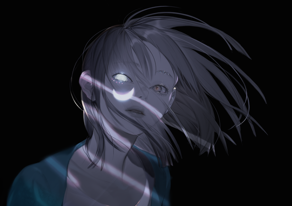 Anime picture 4093x2894 with original nanase miri single looking at viewer fringe highres short hair simple background hair between eyes yellow eyes absurdres upper body parted lips lips grey hair heterochromia floating hair glowing black background face