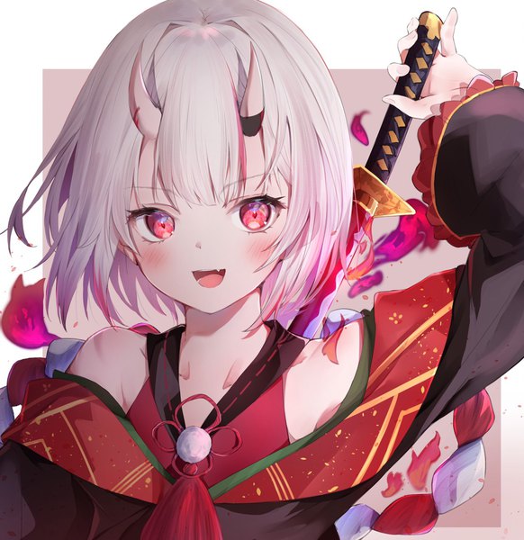 Anime picture 1260x1298 with virtual youtuber hololive nakiri ayame nakiri ayame (1st costume) auui single tall image blush fringe short hair open mouth red eyes upper body white hair :d horn (horns) alternate hairstyle oni horns alternate hair length oni