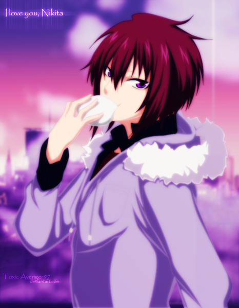 Anime picture 1000x1286 with code: breaker kinema citrus tenpouin yuuki toxicavenger97 single tall image looking at viewer short hair purple eyes red hair coloring eating boy jacket hood