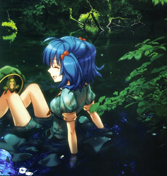 Anime picture 2007x2108 with touhou gensou kaikyou (artbook) kawashiro nitori an2a tall image blush highres short hair open mouth smile sitting twintails blue hair eyes closed short twintails wet clothes photo background girl water frog