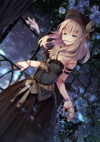 Anime picture 868x1228 with bloodborne from software plain doll se-u-ra single long hair tall image blush fringe breasts blue eyes blonde hair hair between eyes standing bare shoulders looking away cleavage cloud (clouds) indoors head tilt