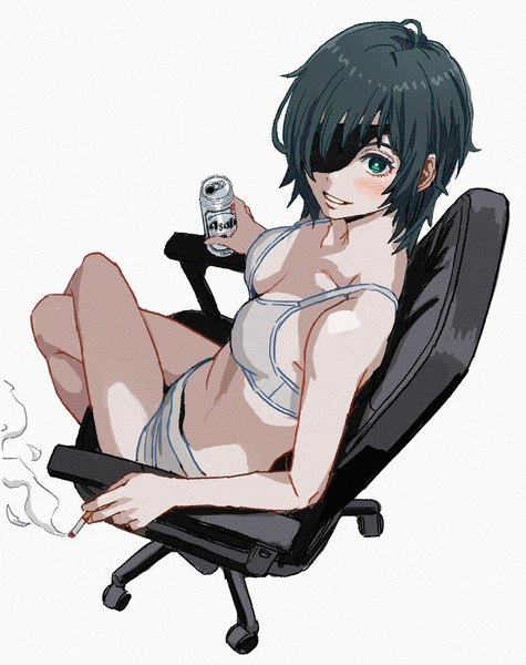 Anime picture 808x1021 with chainsaw man mappa asahi (company) asahi (beer) himeno (chainsaw man) shiren (ourboy83) single tall image blush short hair breasts light erotic black hair simple background smile white background sitting aqua eyes from above underwear only