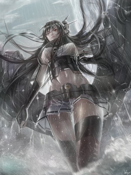 Anime picture 1000x1333 with kantai collection nagato battleship kayi single long hair tall image breasts black hair red eyes large breasts looking away sky cloud (clouds) censored bare belly wet rain wet clothes convenient censoring girl