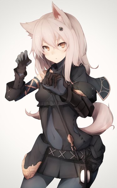 Anime picture 1000x1605 with original snm (sunimi) single long hair tall image looking at viewer blush fringe simple background hair between eyes brown eyes animal ears silver hair tail parted lips animal tail gradient background wolf ears wolf tail wolf girl