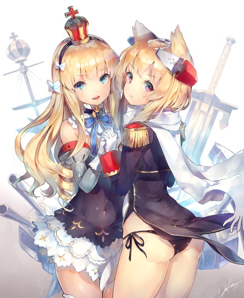 Anime picture 1197x1460 with azur lane queen elizabeth (azur lane) warspite (azur lane) deecha long hair tall image looking at viewer blush fringe open mouth blue eyes light erotic simple background blonde hair standing purple eyes multiple girls signed animal ears ass