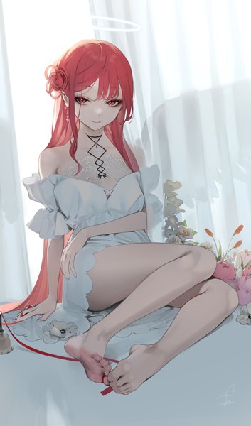 Anime picture 1300x2205 with project luminasys original hatane rona ohisashiburi single long hair tall image looking at viewer fringe light erotic red eyes sitting bare shoulders payot full body bent knee (knees) red hair nail polish barefoot fingernails