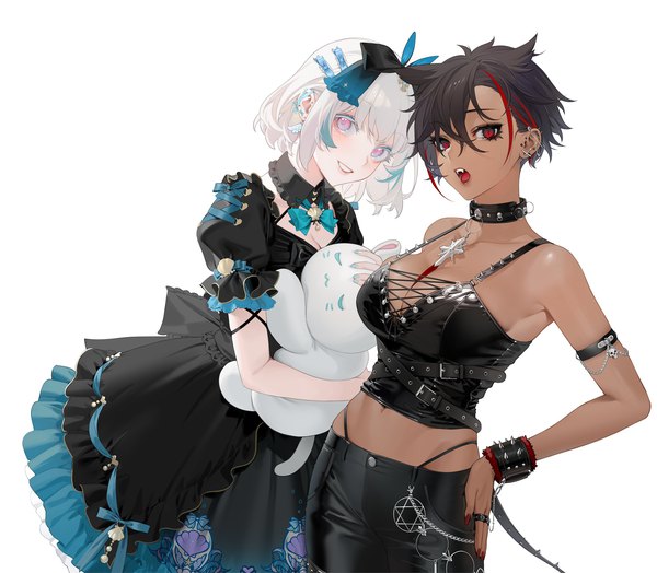 Anime picture 2200x1920 with original nacchan (ohisashiburi) micchan (ohisashiburi) ohisashiburi looking at viewer fringe highres short hair breasts open mouth light erotic black hair simple background smile hair between eyes red eyes large breasts white background multiple girls cleavage