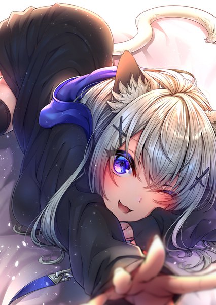 Anime picture 1447x2039 with original routo (rot 0) single long hair tall image looking at viewer blush fringe breasts open mouth hair between eyes purple eyes animal ears silver hair tail lying long sleeves animal tail one eye closed wink