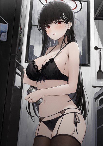 Anime-Bild 2894x4093 mit blue archive rio (blue archive) amiamie single long hair tall image looking at viewer blush fringe highres breasts open mouth light erotic black hair red eyes large breasts standing holding indoors underwear only