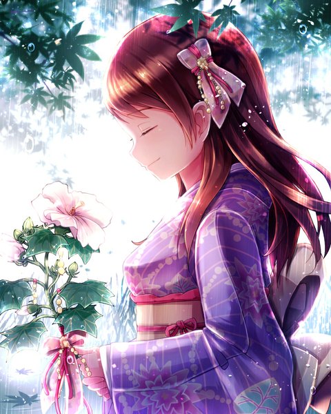 Anime picture 720x900 with idolmaster idolmaster cinderella girls houjou karen ima (lm ew) single long hair tall image smile brown hair eyes closed traditional clothes japanese clothes profile sunlight rain girl hair ornament flower (flowers) bow plant (plants)