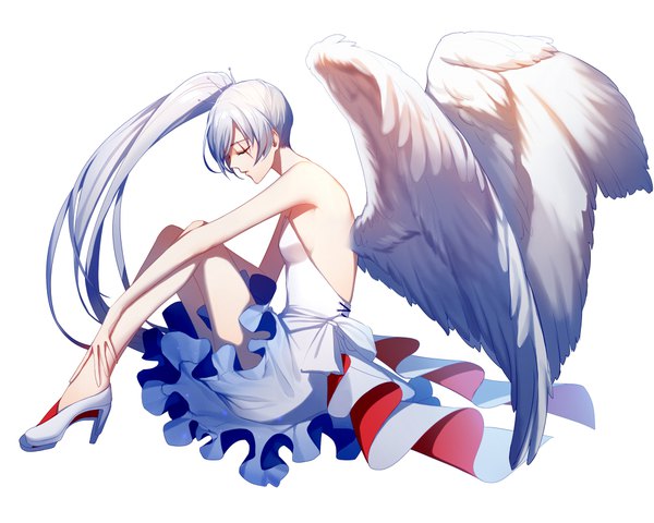 Anime-Bild 1000x800 mit rwby rooster teeth weiss schnee asd13 single long hair simple background white background sitting silver hair full body eyes closed profile high heels side ponytail scar white wings girl dress wings