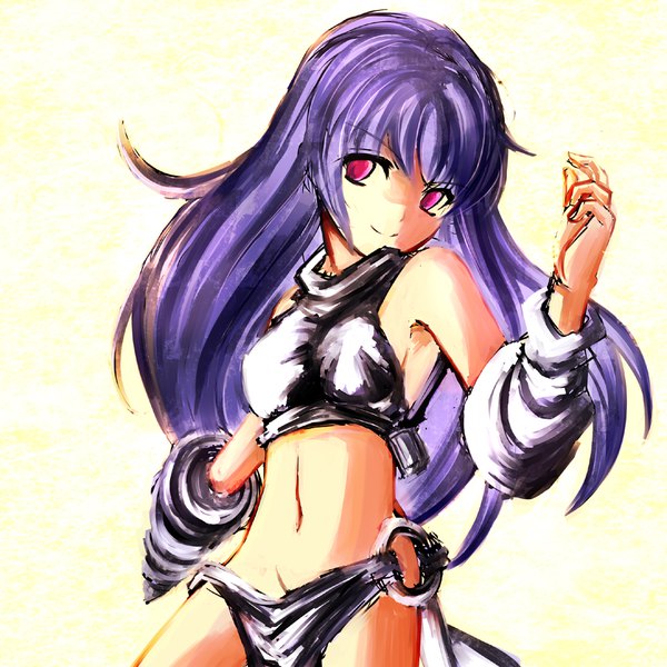 Anime picture 1000x1000 with needless madhouse eve neuschwanstein mark (abenyugu) single long hair looking at viewer fringe breasts light erotic simple background smile standing bare shoulders purple hair head tilt pink eyes bare belly yellow background traditional media