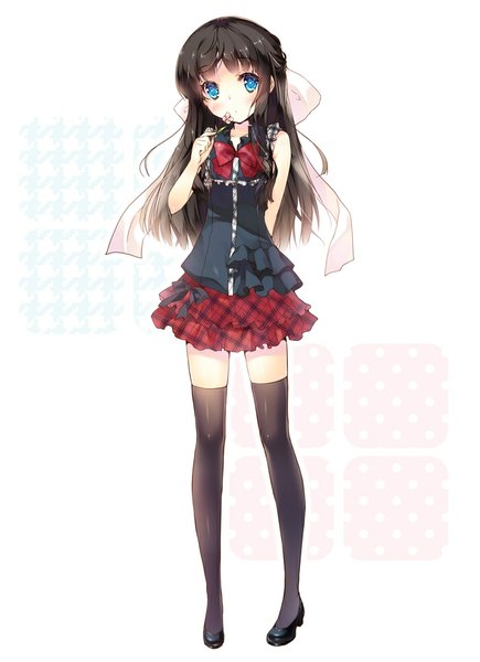 Anime picture 726x1000 with original miwabe sakura single long hair tall image looking at viewer blush blue eyes black hair simple background standing holding zettai ryouiki girl thighhighs skirt flower (flowers) ribbon (ribbons) bow black thighhighs