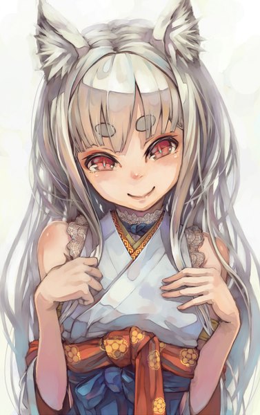 Anime picture 1000x1591 with original pixiv suzuno (bookshelf) single long hair tall image looking at viewer blush fringe highres smile red eyes animal ears traditional clothes japanese clothes grey hair girl kimono