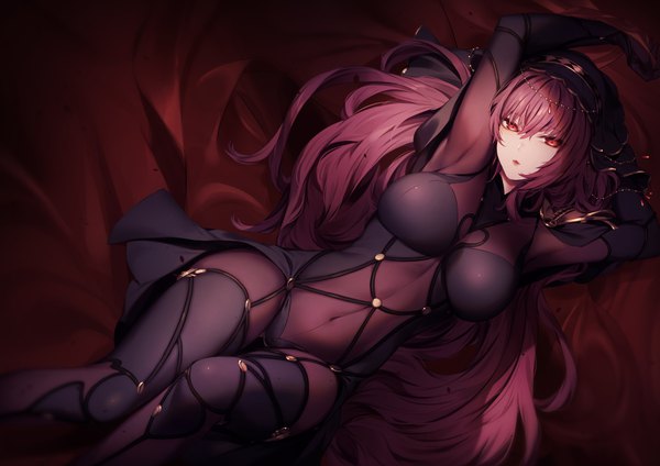 Anime picture 1980x1400 with fate (series) fate/grand order scathach (fate) (all) scathach (fate) kyouya (mukuro238) single long hair looking at viewer fringe highres breasts light erotic hair between eyes red eyes large breasts purple hair bent knee (knees) lying head tilt from above