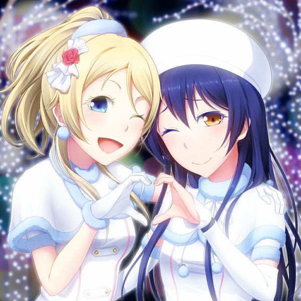 Anime picture 1000x1000 with love live! school idol project sunrise (studio) love live! ayase eli sonoda umi long hair looking at viewer blush fringe open mouth blue eyes blonde hair smile multiple girls brown eyes blue hair ponytail one eye closed wink night