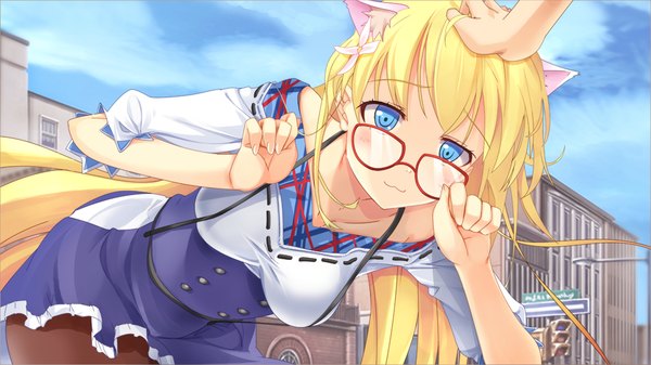 Anime picture 1024x576 with neko masshigura single long hair looking at viewer blush blue eyes blonde hair wide image animal ears game cg cat ears cat girl girl dress glasses