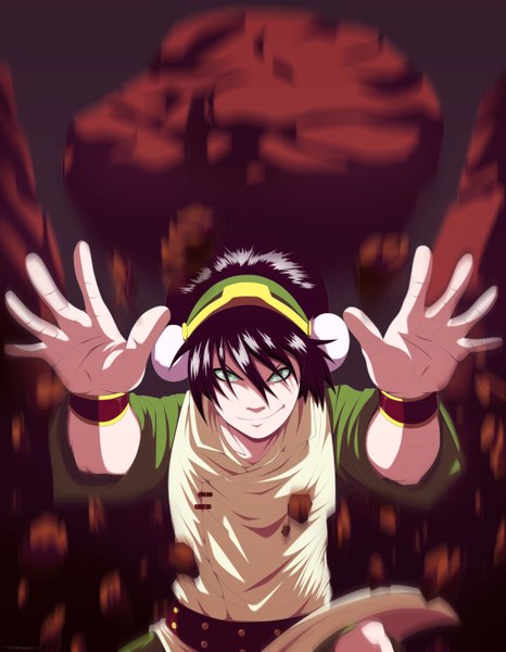 Anime picture 1024x1316 with avatar: the last airbender nickelodeon toph beifong exdniva09 single tall image short hair black hair smile green eyes traditional clothes japanese clothes coloring magic dark background girl kimono wristlet