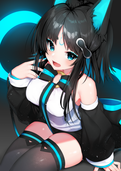 Anime picture 3541x5016 with original haiba 09 single long hair tall image looking at viewer fringe highres breasts open mouth blue eyes black hair simple background smile large breasts sitting bare shoulders payot blue hair absurdres