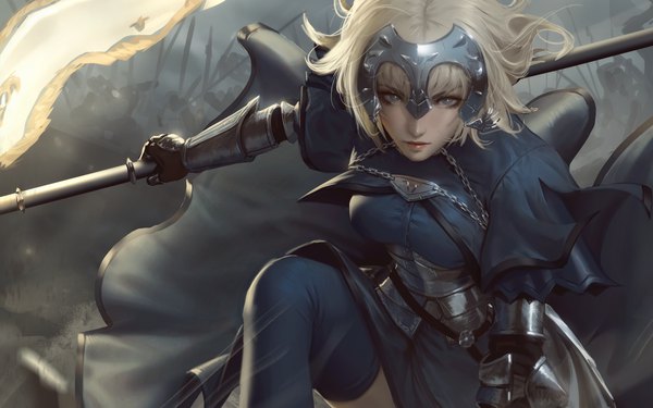 Anime picture 1920x1200 with fate (series) fate/grand order fate/apocrypha jeanne d'arc (fate) (all) jeanne d'arc (fate) raikoart long hair looking at viewer fringe highres breasts blue eyes blonde hair holding payot sky bent knee (knees) outdoors wind lips