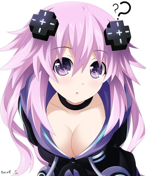 Anime picture 823x991 with choujigen game neptune shin jigen game neptune vii neptune (choujigen game neptune) keenh single long hair tall image looking at viewer blush fringe breasts open mouth light erotic simple background hair between eyes white background purple eyes signed payot purple hair