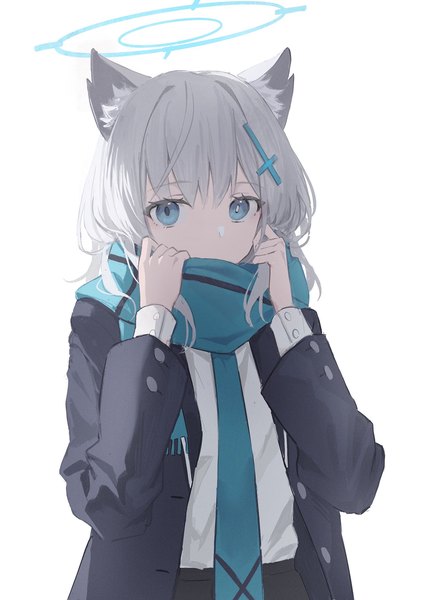 Anime-Bild 1500x2122 mit blue archive shiroko (blue archive) nekoreito single long hair tall image looking at viewer blue eyes simple background white background animal ears upper body grey hair girl scarf halo