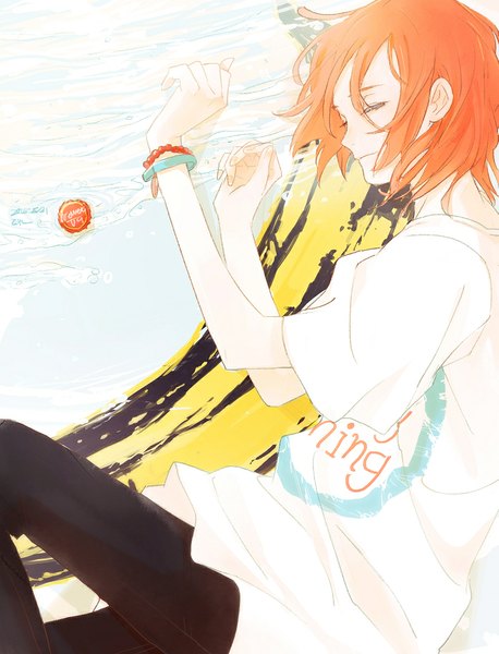 Anime picture 800x1047 with original teyuruun single tall image fringe short hair eyes closed profile orange eyes sleeping girl bracelet t-shirt fruit banana