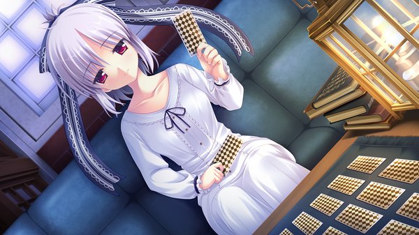 Anime picture 1024x576 with sugirly wish tsukigase anna short hair red eyes wide image game cg white hair girl dress ribbon (ribbons) hair ribbon card (cards)