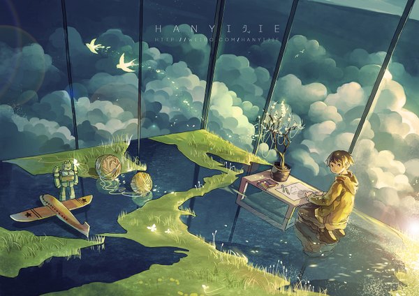 Anime picture 1440x1018 with original hanyijie looking at viewer short hair brown hair sitting sky cloud (clouds) sunlight boy plant (plants) animal tree (trees) water jacket bird (birds) hood toy grass sun
