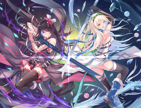 Anime picture 1254x964 with original fuuro (johnsonwade) long hair looking at viewer fringe breasts open mouth blue eyes light erotic black hair blonde hair hair between eyes red eyes bare shoulders multiple girls holding ass aqua eyes heterochromia fighting stance