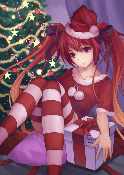 Anime picture 1500x2121 with ore twintail ni narimasu production ims tail red youxuemingdie single long hair tall image looking at viewer smile sitting purple eyes twintails red hair multicolored hair fingernails fur trim christmas gradient hair knees touching girl