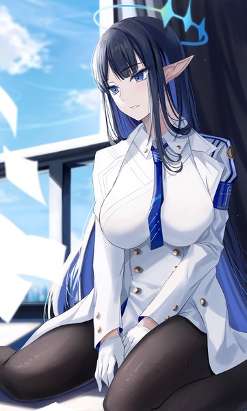 Anime picture 1000x1664 with blue archive rin (blue archive) nicky w single long hair tall image fringe breasts blue eyes black hair large breasts sitting looking away sky cloud (clouds) blunt bangs parted lips multicolored hair wind pointy ears