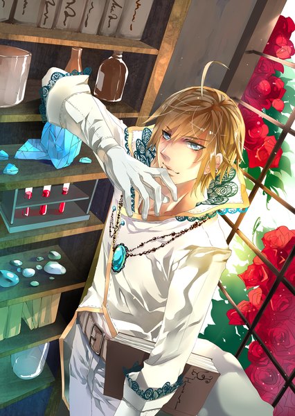 Anime picture 1024x1442 with aiki-ame single tall image looking at viewer short hair blue eyes brown hair from above boy gloves flower (flowers) belt window rose (roses) pendant book (books) bottle crystal shelf bookshelf