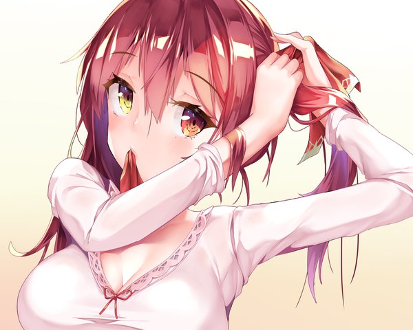 Anime picture 1750x1400 with virtual youtuber hololive houshou marine mogmog single long hair fringe highres simple background hair between eyes holding cleavage upper body heterochromia gradient background mouth hold adjusting hair tying hair ribbon in mouth girl