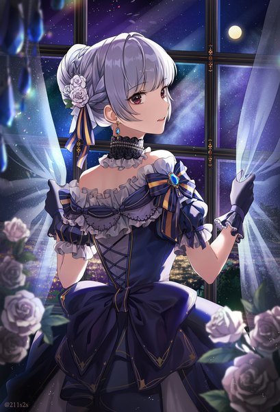 Anime-Bild 1200x1759 mit original plus1024 single tall image looking at viewer fringe short hair open mouth red eyes standing bare shoulders holding silver hair indoors blunt bangs looking back hair flower blurry night short sleeves