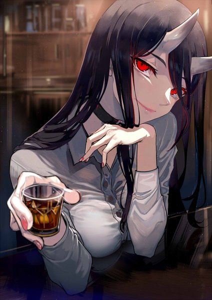 Anime picture 868x1227 with kantai collection battleship-symbiotic hime walzrj single long hair tall image looking at viewer fringe breasts black hair smile red eyes sitting holding long sleeves nail polish horn (horns) fingernails hair over one eye sparkle