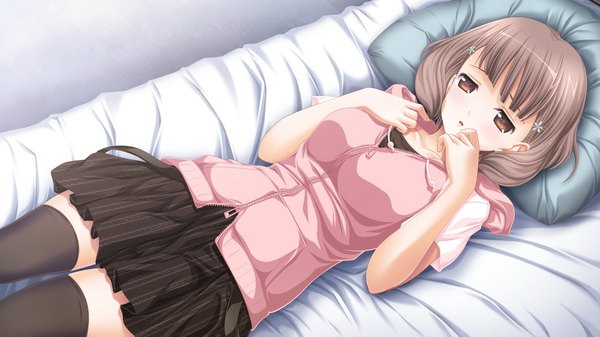 Anime picture 1280x720 with hatsukoi sacrament kasugai iroha single short hair brown hair wide image brown eyes game cg girl thighhighs black thighhighs