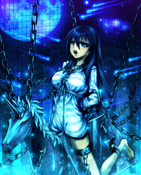 Anime picture 1135x1401 with original samael single long hair tall image looking at viewer blush open mouth blue eyes light erotic blue hair barefoot bondage girl chain full moon wooden horse