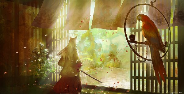 Anime picture 1200x614 with original pixiv fantasia pixiv fantasia fallen kings lost elle single long hair wide image animal ears indoors traditional clothes japanese clothes from behind sunlight fox ears back walking boy weapon animal petals