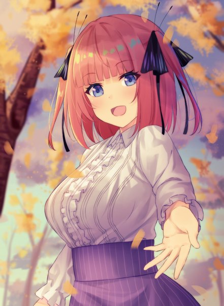 Anime picture 1447x1969 with go-toubun no hanayome nakano nino hofumaso single tall image looking at viewer blush fringe short hair breasts open mouth blue eyes smile large breasts standing pink hair outdoors blunt bangs :d two side up